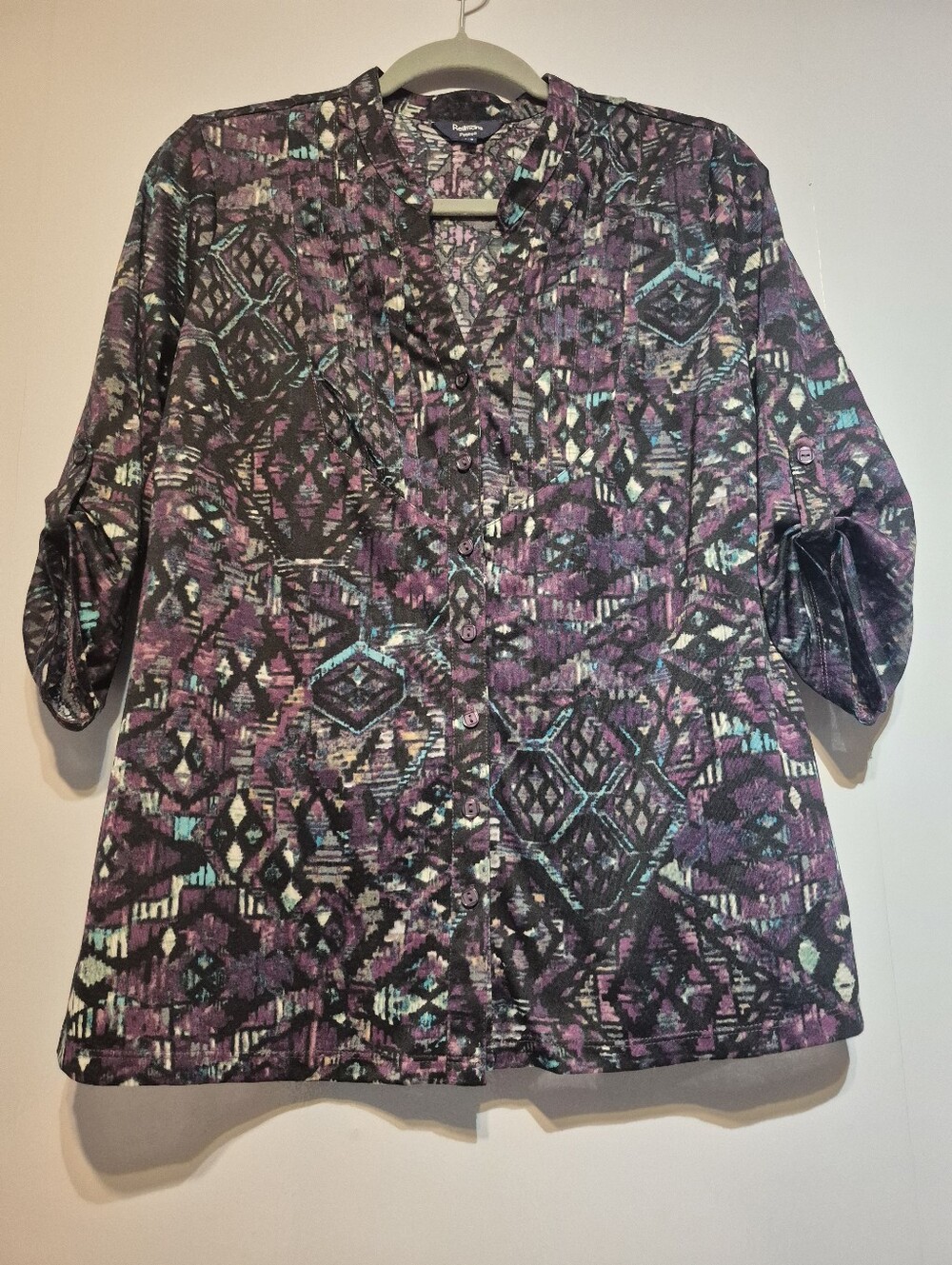 Womens Purple Abstract Button-Down Shirt
